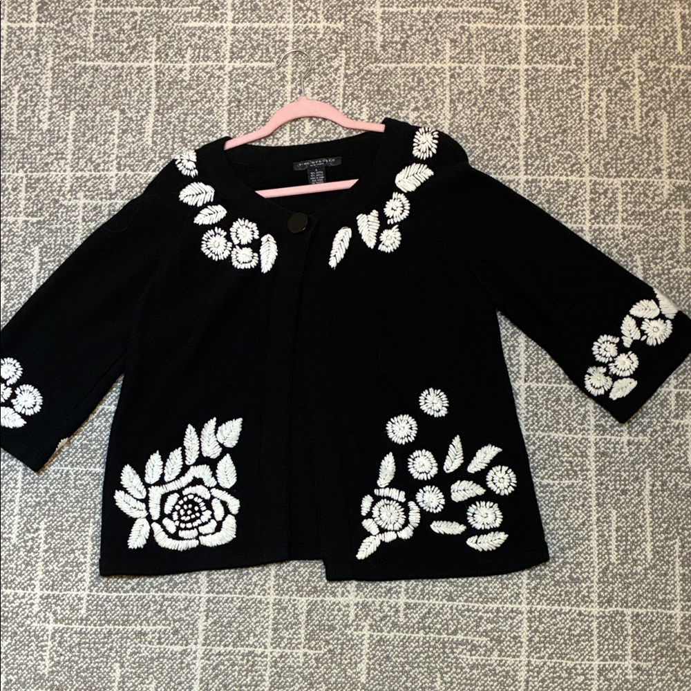 Pine Needles 90s Cardigan Sweater with White Embroidery and large button closure
